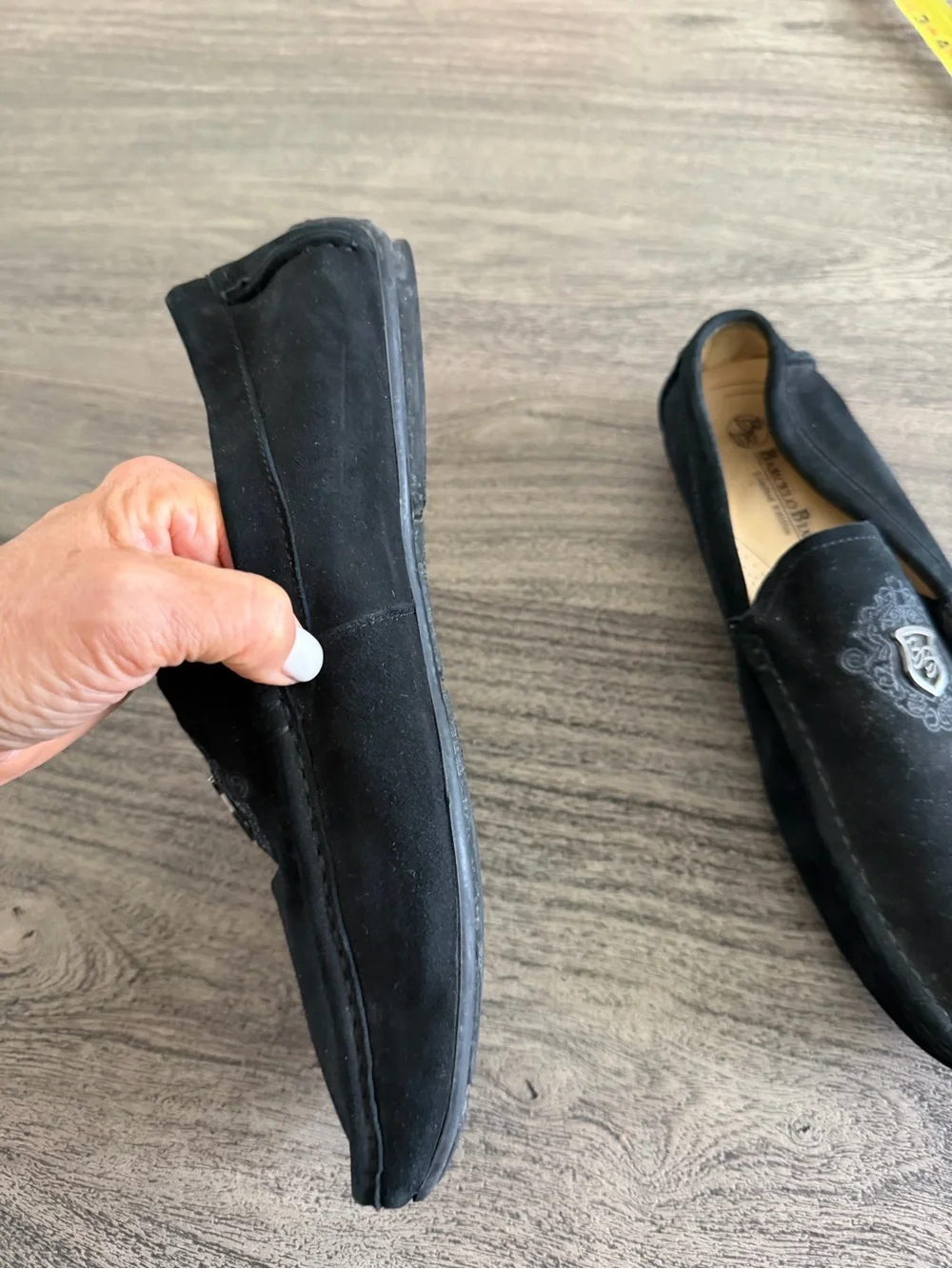 Black Suede Penny Loafers with Embroidered Crest - Men’s Slip-On